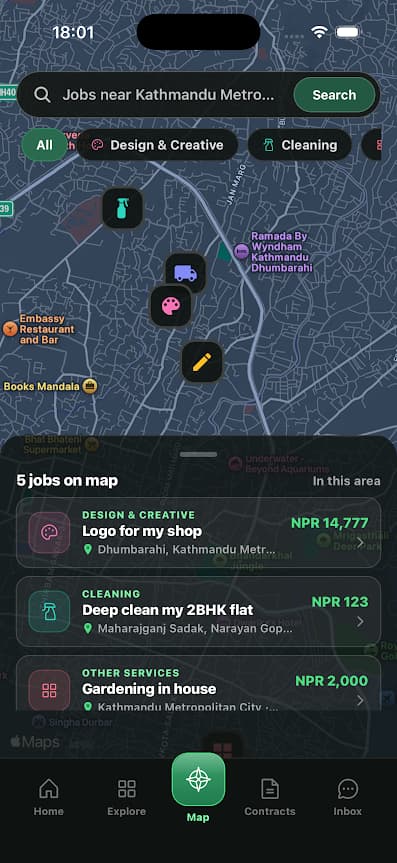 The Magarchu app showing earnings, the next payout and recent jobs. Figures are sample data.
